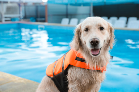 Dog rescuer in life vest near swimming pool outdoors, closeupの写真素材