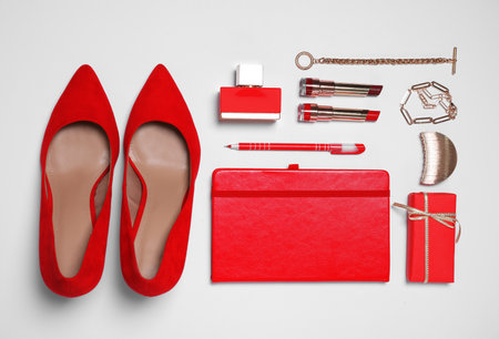 Cosmetic products and accessories on white background, flat layの写真素材