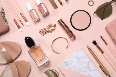 Cosmetic products and accessories on white background, flat layの写真素材