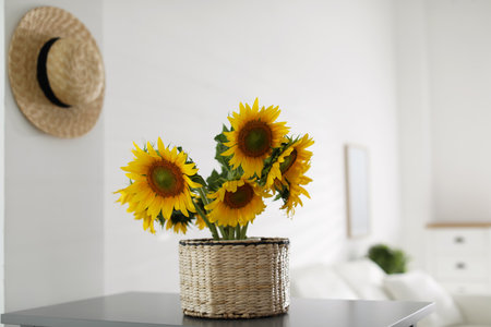 Beautiful yellow sunflowers on the table in the roomの写真素材
