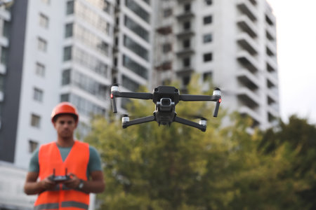 Builder operating drone with remote control at construction site. aerial photographyの写真素材
