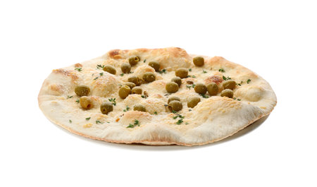 Traditional Italian focaccia bread with olives, cheese and thyme isolated on whiteの写真素材