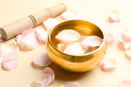 Golden singing bowl with petals and mallet on beige background. sound healingの写真素材