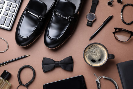 Male accessories on brown background, flat layの写真素材