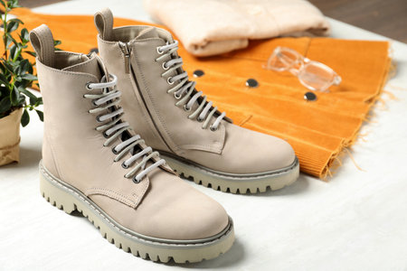 Pair of stylish boots on white background, closeupの写真素材