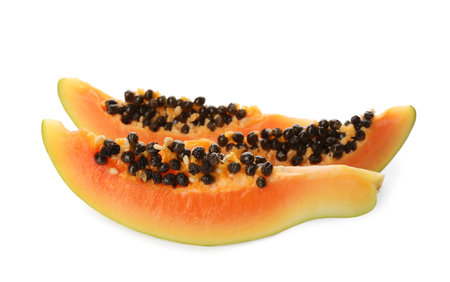 Fresh ripe papaya slices on white backgroundの写真素材