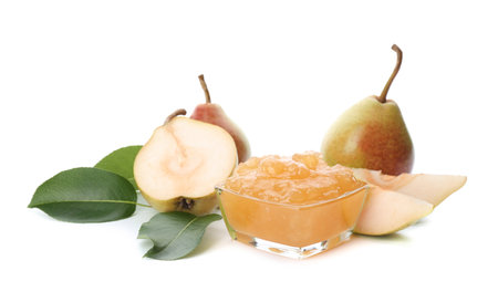 Delicious pear jam and fresh fruits on white backgroundの写真素材
