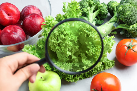 Woman with magnifying glass exploring vegetables and fruits, closeup. Poison detectionの写真素材