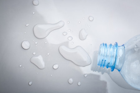 Drops of spilled water and plastic bottle on grey background, top viewの写真素材