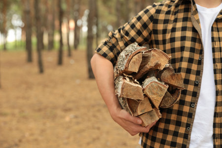 Man holding cut firewood in forest, closeupの写真素材