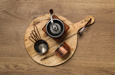 Set of cooking utensils on wooden table, top viewの写真素材
