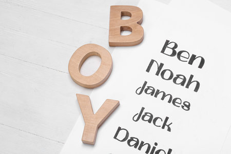List of baby names and wooden letters on white tableの写真素材