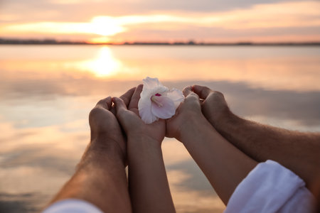 Couple with beautiful flower near river at sunset, closeup. Nature healing powerの写真素材