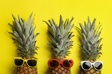 Pineapples with sunglasses on yellow background, flat lay. Creative conceptの写真素材