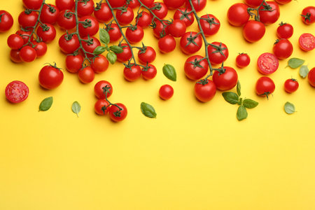 Fresh cherry tomatoes and basil leaves on yellow background, flat lay. Space for textの写真素材
