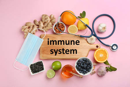 Board with phrase Immune System and natural products on pink background, flat layの写真素材