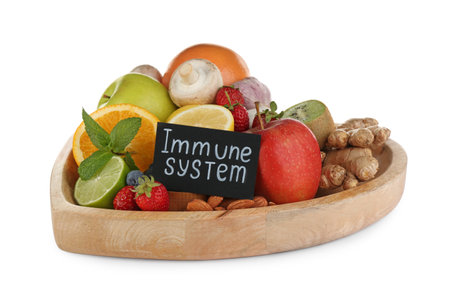 Heart shaped tray with healthy products and text Immune System on white backgroundの写真素材