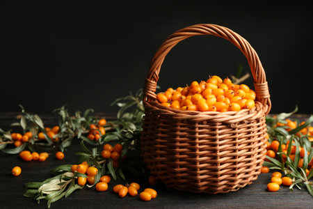 Ripe sea buckthorn berries on black wooden tableの写真素材