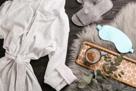 Flat lay composition with fluffy slippers and bath robe on black wooden background. Comfortable home outfitの写真素材