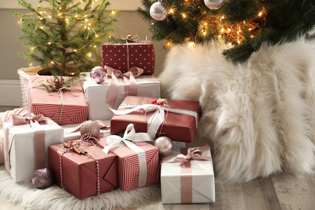 Gift boxes under small and big Christmas trees indoorsの写真素材