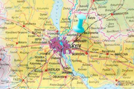 MYKOLAIV, UKRAINE - NOVEMBER 09, 2020: Brovary city near Kyiv marked with push pin on map of Ukraine, closeupの写真素材