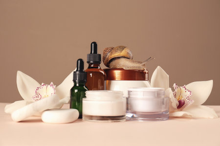 Organic cosmetics made with mucin, snail, spa stones and beautiful flowers on tableの写真素材