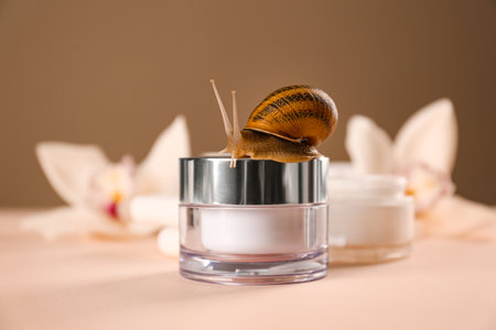 Organic cosmetics made with mucin and snail on tableの写真素材