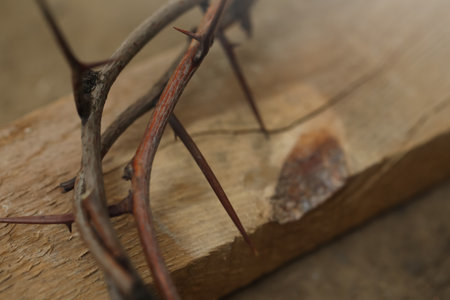 Crown of thorns and wooden plank on ground, closeup. Easter attributeの写真素材