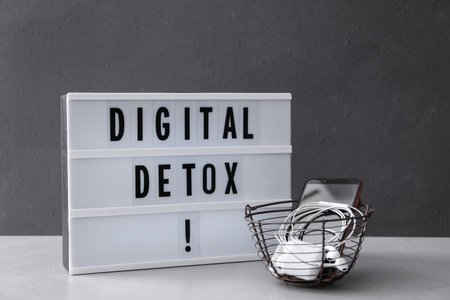 Trash bin of different gadgets and lightbox with words DIGITAL DETOX on light gray tableの写真素材