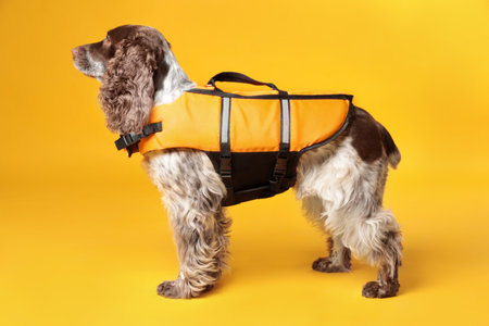 Dog rescuer in life vest on yellow backgroundの写真素材