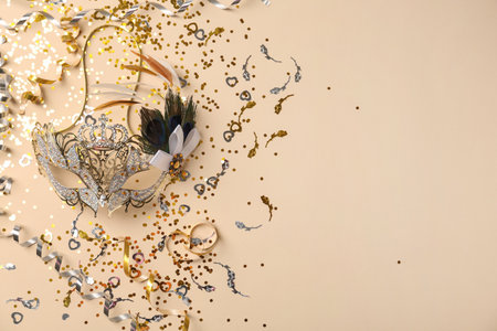 Beautiful carnival mask and party decor on beige background, flat lay. Space for textの写真素材