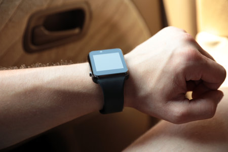 Man with stylish smart watch, closeup viewの写真素材