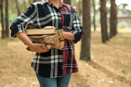 Young woman holding cut firewood in forest, closeupの写真素材