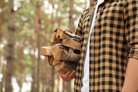 Man holding cut firewood in forest, closeupの写真素材