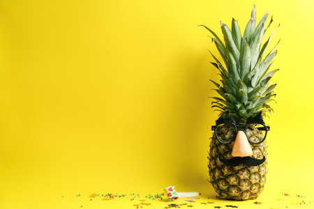 Pineapple with mask, party horn and confetti on yellow background, space for text. creative conceptの写真素材