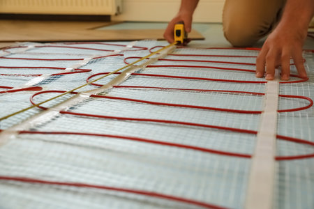 Professional worker installing electric underfloor heating system indoors, closeupの写真素材