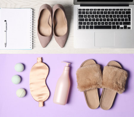Flat lay composition with business items and home accessories on color background. Concept of balance between work and lifeの写真素材