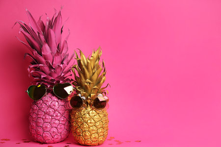 Painted pineapples with sunglasses on pink background, space for text. creative conceptの写真素材