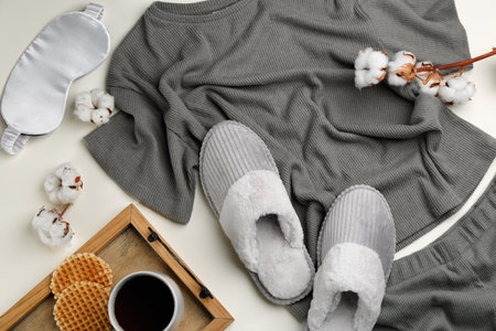 Flat lay composition with slippers and pajamas on beige background. Comfortable home outfitの写真素材