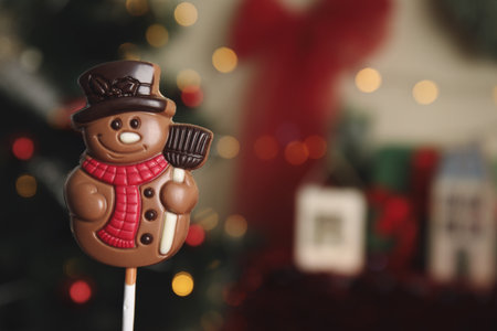 Funny chocolate snowman candy against blurred Christmas tree, closeup. Space for textの写真素材