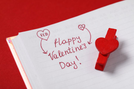 Notebook with text Happy Valentine's Day! and clothespin on red background, closeupの写真素材