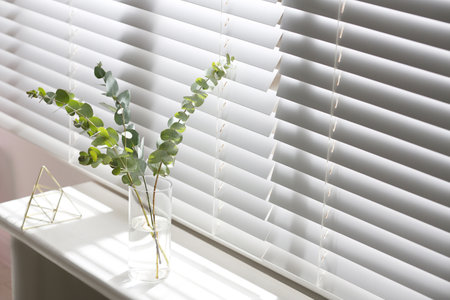 Vase with fresh eucalyptus branches on window sill in room. interior designの写真素材