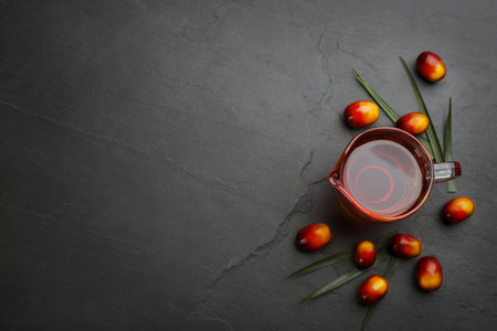 Palm oil in glass jug, tropical leaf and fruits on black table, flat lay. Space for textの写真素材