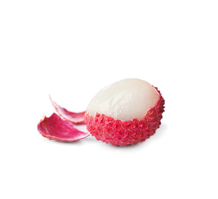 Fresh ripe lychee fruit isolated on whiteの写真素材