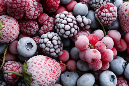 Mix of different frozen berries as background, top viewの写真素材