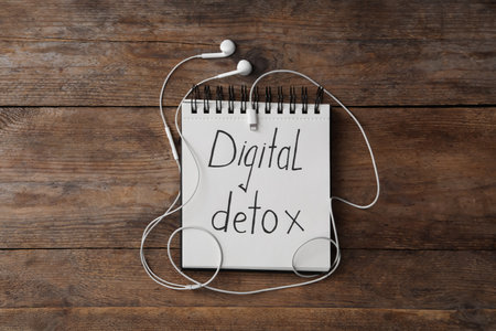 Notebook with words DIGITAL DETOX and earphones on wooden background, flat layの写真素材
