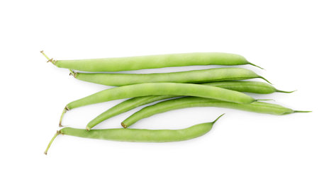 Fresh green beans on white background, top viewの写真素材