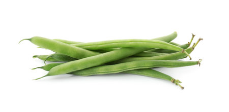 Delicious fresh green beans on white backgroundの写真素材