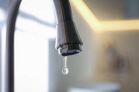 Water drop falling down from tap on blurred background, closeupの写真素材