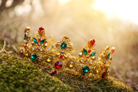 Beautiful golden crown on grass outdoors. Fantasy itemの写真素材
